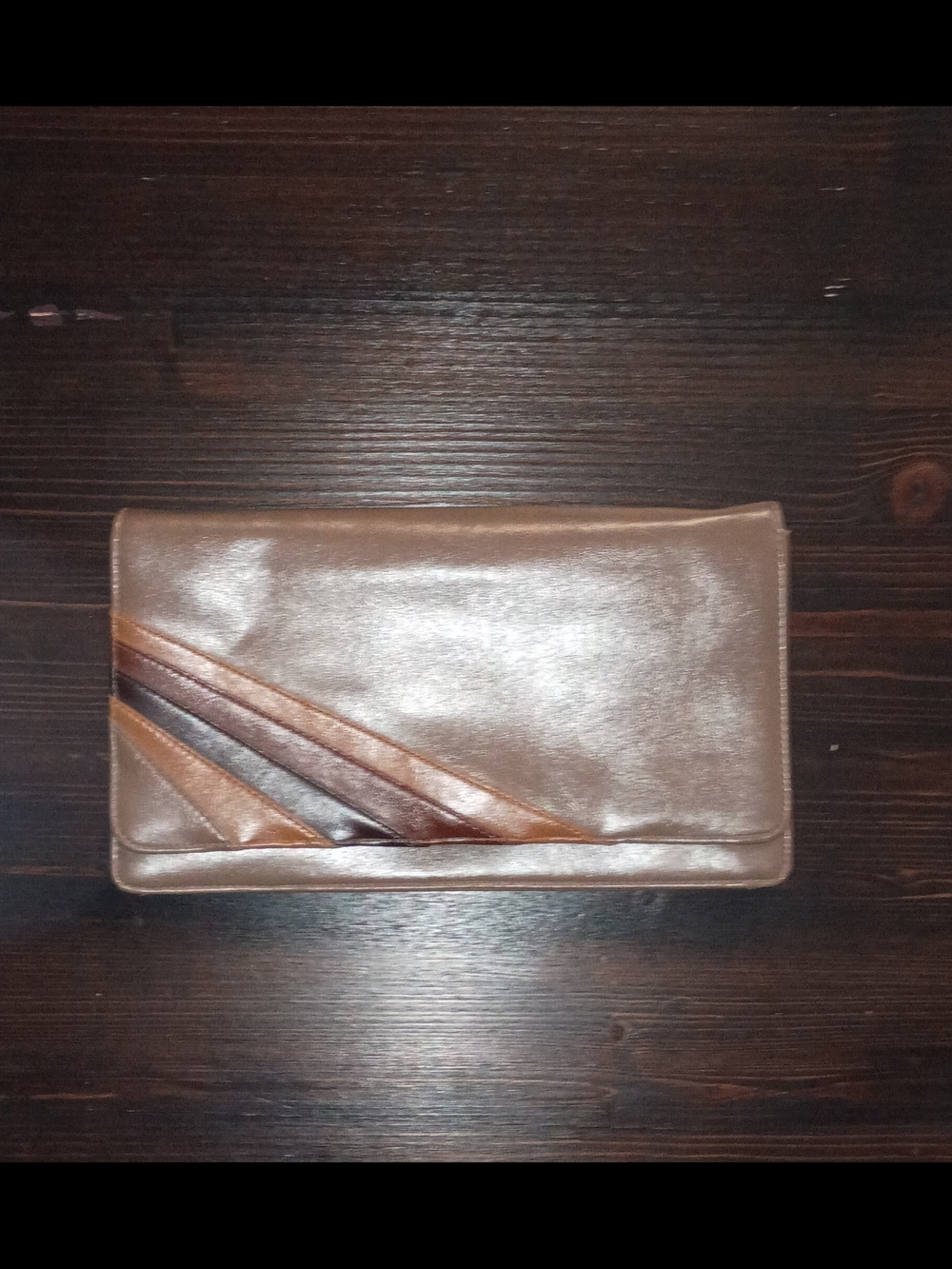 Vintage Brown Leather Clutch with Striped Inlay